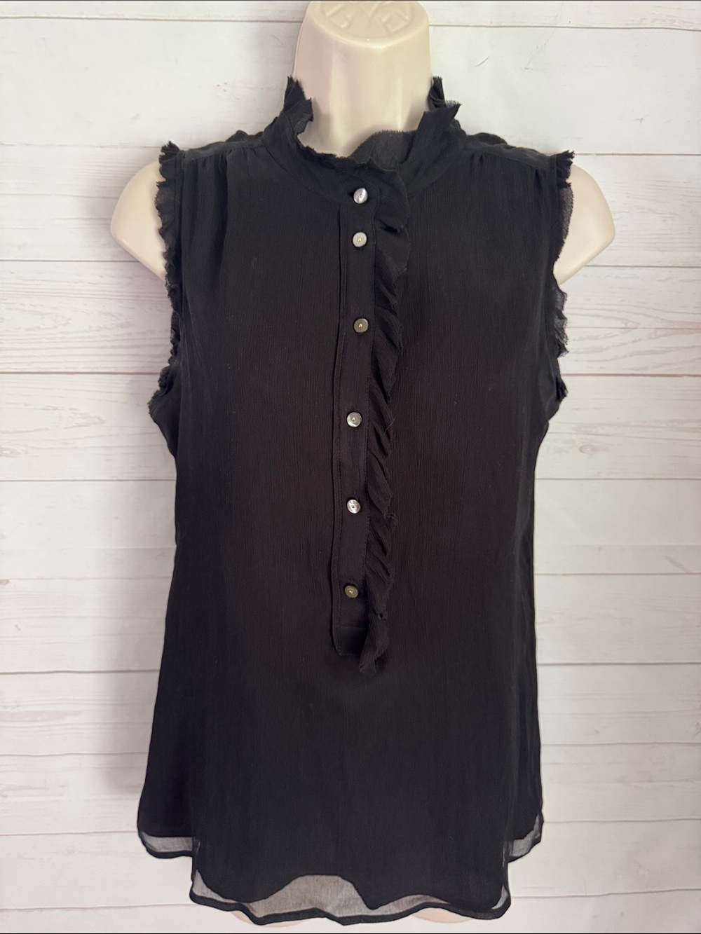 J. Crew Size 4 Natasha Crinkle Silk Black Ruffle-Trim Sleeveless Button Blouse